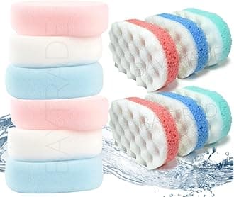 12 x Bath Sponges for Adults | 6X Exfoliating Sponge 6X Smooth Sponges | Multipack Body Shower Scrubber for Men Women Kids Children - Soft Smooth Side - Rough Side to Exfoliate (12 Mix)