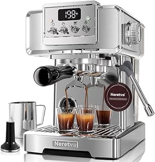 Neretva Espresso Coffee Machine, Professional Espresso Machine with Pressure Gauge 15Bar Retro Espresso Maker with Power Milk Frother Stainless Steel for Home Barista Latte and Cappuccino Maker-Silver