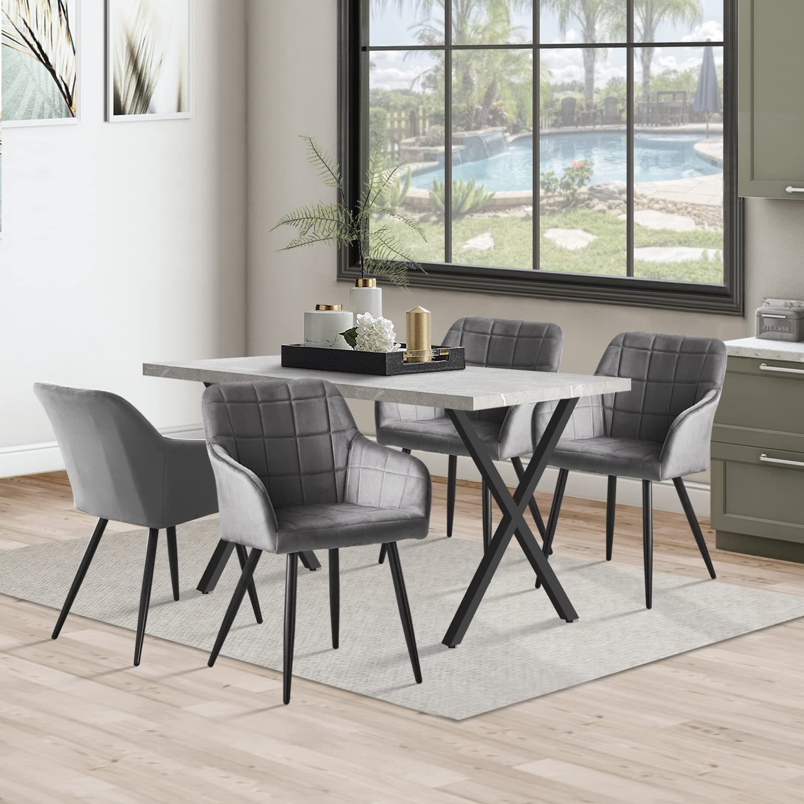 CLIPOP Dining Table and Chairs Set 4, 140 cm Marble Veneer Rectangle Kitchen Table and Velvet Dining Chairs with Metal Legs for Home Office Dining room Set