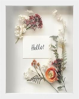 FrameWorks 11” x 14” White Wooden Shadow Box Frame – Display Case with Soft Felt Back, Memory Box with Tempered Glass, Display Box with Elegant White Ball Push Pins, Wooden Flower Box