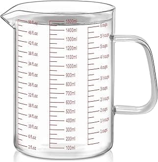 Luvan Glass Measuring Jug 1.5L/6 Cup, Easy to Read with 3 Measurement Scales (Ml/Oz/Cup), Insulated Handle and V-Shaped Spout, High Borosilicate Glass Measuring Jug, Ideal for Kitchen or Restaurant