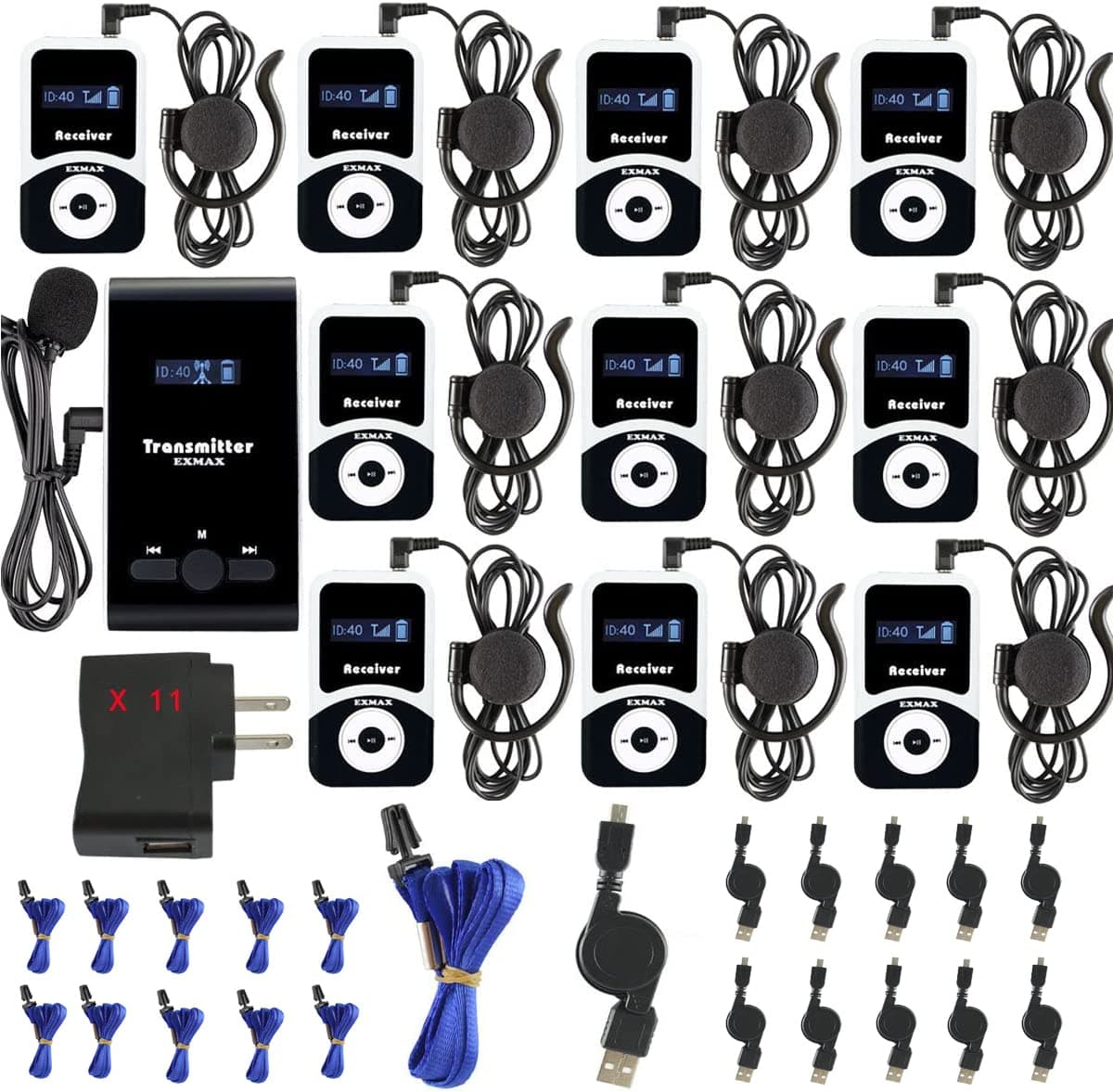 EXMAX® ATG-100T 195MHz Wireless Tour Guide System Microphone for Language Interpretation Church Class Traning Translation Conference Interpretation Travel Trip (1 Transmitter 10 Receivers)