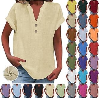Ladies Tops 2025 Women's Summer Cotton Linen Cap Sleeve T-Shirt Button V Neck Tunic Tops Fashion Baggy Solid Plain Shirts Trendy Blouse 1