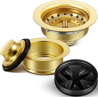 Norme 5 Pcs 3-1/2 Inch Gold Kitchen Sink Drain Strainer Assembly Garbage Disposal Splash Guard Garbage Disposal Flange Stopper Plug Stainless Steel Sink Drain Strainer Replacement Accessories Kit