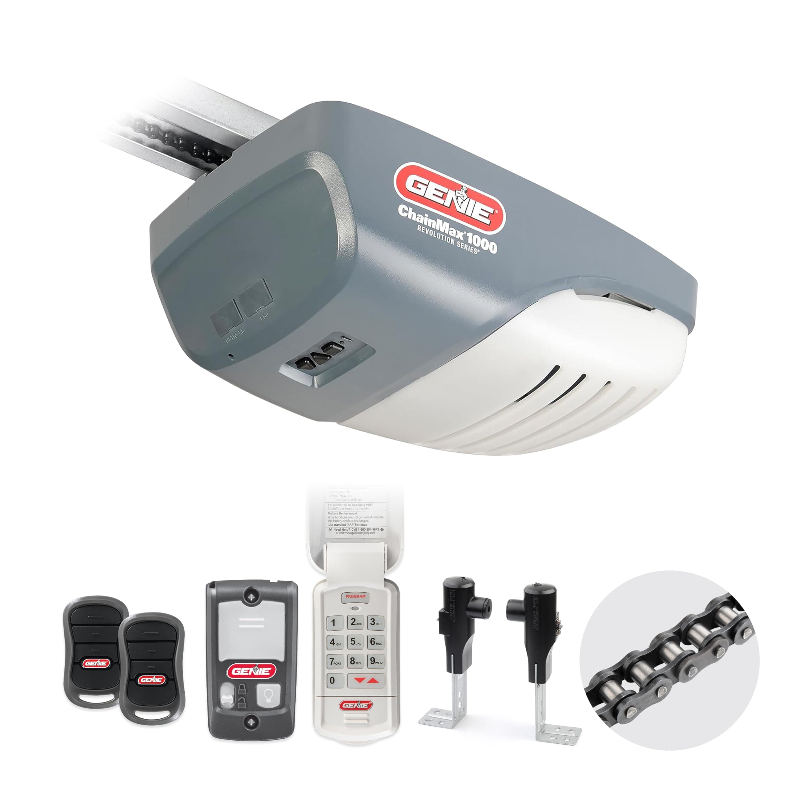 ChainMax 1000 Garage Door Opener - Durable Chain Drive - Includes two 3-Button Pre-Programmed Remotes,Wall Console, Wireless Keypad, Safe-T-Beams - Model 3022-TKH, 140V DC Motor,Gray