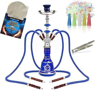 MIAOLLUN 21.6" Hookah Set 4 Hose Shisha Complete Set, Portable Glass Vase Hookahs Shisha, Include 100 Disposable Tips, 50 Pre-Punched Aluminum Foil,Blue