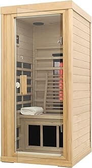 Ceramic Infrared Sauna, 1 Person Infrared Sauna, Hemlock Wood Home Sauna Spa, Far Infrared Sauna Indoor, Low EMF Infrared Saunas for Home with Smart Display, Bluetooth Speaker