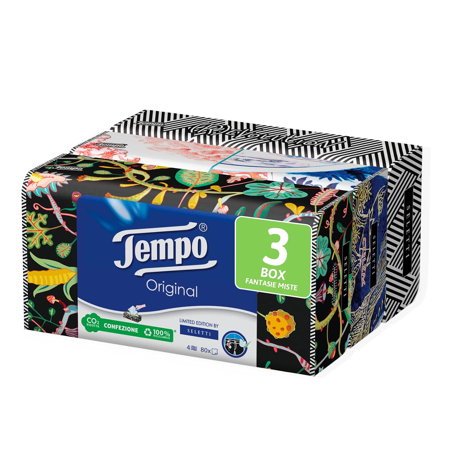 Tempo Paper Tissues Box, 3 Boxes of 80 Disposable Tissues, 4-Ply, Limited Edition Seletti Box, 4 Assorted Graphics, Recyclable Pack of Natural Origin