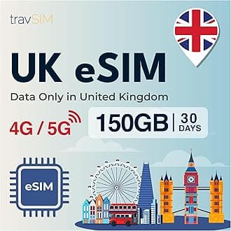 travSIM UK eSIM | 150GB Data Plan Only | 4G/5G Speeds | Works Throughout The UK | eSIM for UK is Valid for 30 Days