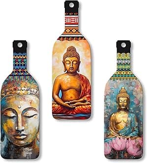Artvibes Meditating Gautam Buddha Bottle shaped Wooden Wall Hanging | Spiritual Decor Items | Wall Art Painting For Hall | Wall Paintings | Handcrafted Art | Poster | Gift Items (WH_9507N), Set of 3
