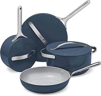Nonstick Ceramic Cookware Set (12 Piece) Pots, Pans, Lids and Kitchen Storage - Non Toxic - Oven Safe & Compatible with All Stovetops - Navy