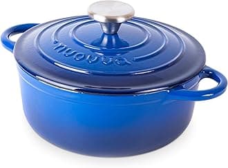 Nuovva Enamelled Cast Iron Dutch Oven Pot with Lid – 2.1 Quart Casserole Dish – Ceramic Dutch Oven for Bread Baking, Roasting, Braising & Stews – Oven Safe up to 500°F – 20cm Dark Blue