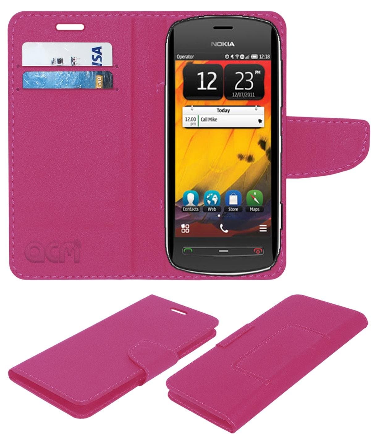 ACM Mobile Leather Flip Flap Wallet Case Compatible with Nokia 808 Pureview Mobile Cover Pink
