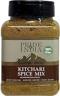 Pride of India Kitchari Spice Mix 7 oz | Authentic Indian Seasoning for Khichdi, Dal, Lentil Soup, Stew & Rice Dishes | Warm Aromatic Spice Blend for Everyday Cooking | Reusable Dual Sifter Jar