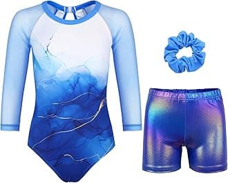 JOYSTREAMGymnastics Leotards for Girls With Shorts Sparkly Ballet Dance Long Mesh Sleeve