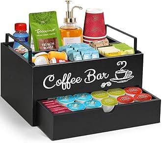 ugiftt Farmhouse Coffee Bar Organizer - Wooden Countertop Station with Handle, Storage Basket & Drawer for Coffee Pods & Condiments