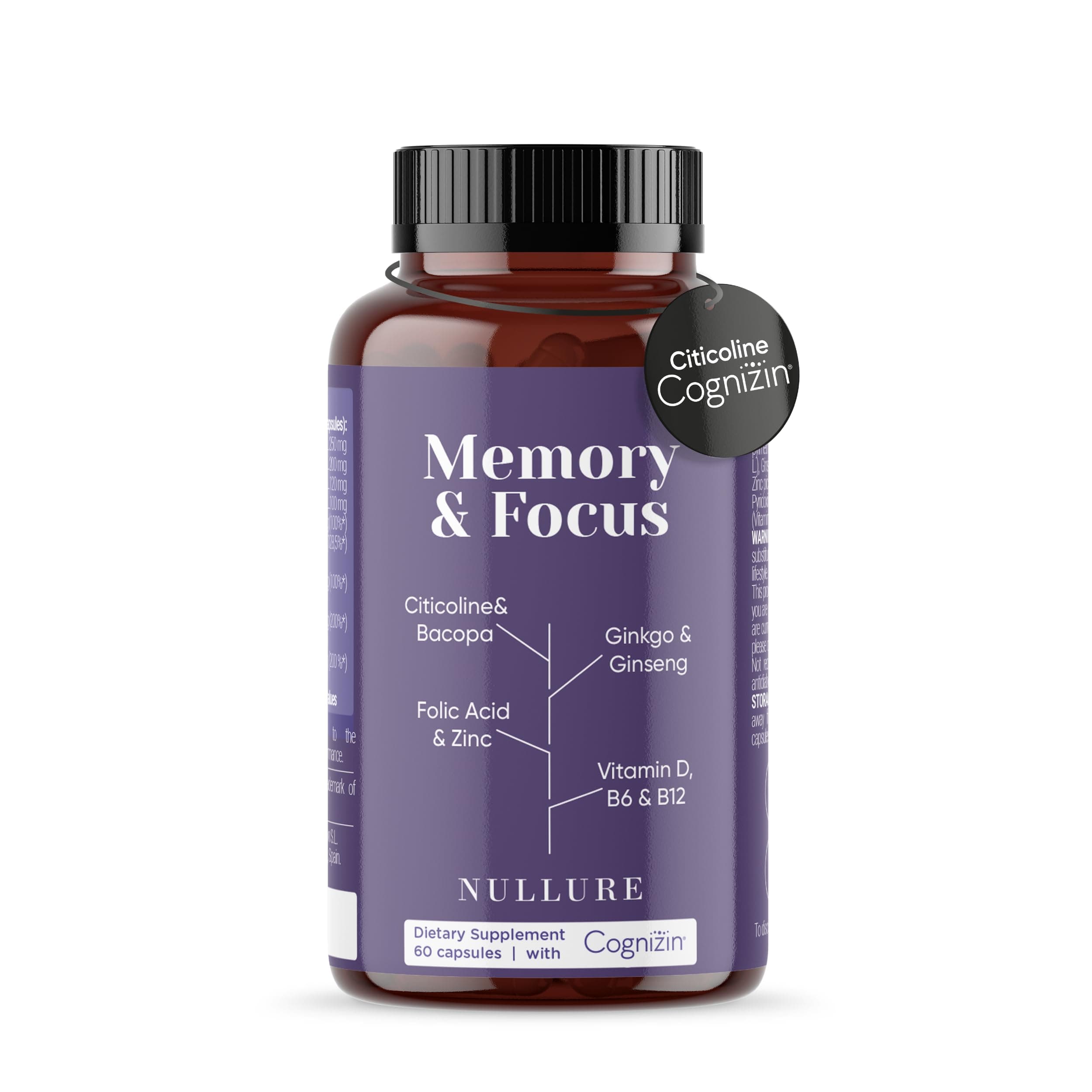 Nullure Memory & Focus | Nootropic Brain Supplement | Concentration · Energy · Focus | Citicolin COGNIZIN + Ginkgo Biloba 6000mg + Bacopa Monnieri + Ginseng | Caffeine Free | 60 Capsules