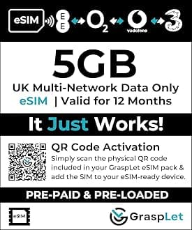 UK Multi-Network Data-Only eSIM | 12-Month Validity | Auto-Connects to Strongest Network: EE, Three, O2, or Vodafone | Compatible with eSIM Devices (5 GB - 12 Months)