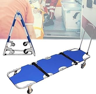 Folding Stretcher, Medical Stretcher Aluminum Lightweight with Trolley 4 Wheels, Pushable Rescue Stretcher for Patient Transport, for Hospitals, Ambulance, Fire