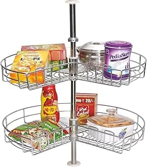 SmartSlide Stainless Steel 2 Shelf Kitchen Corner Cabinet Organizer/Multifunctional Storage Rack/Adjustable Height Kitchen Carousel Unit (Carousel 24 Inch, Corner Shelf, Countertop)