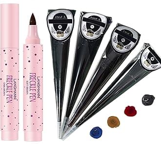 Freckle Pen and Temporary Tattoos Pencil Set, Henna Tattoos Kit- Light Brown Freckle Pen and 4Pcs Tattoo Sticks, DIY Body Art Painting for Women Men