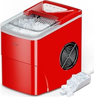 Silonn Ice Makers Countertop, 9 Cubes Ready in 6 Mins, 26lbs in 24Hrs, Self-Cleaning Ice Machine with Ice Scoop and Basket, 2 Sizes of Bullet Ice for Home Kitchen Office Bar Party, Red