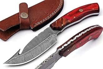 Gut Hook Knives Real Damascus Hunting Knifes | Fixed Blade Skinning Knife's For Outdoor Camping Skinner knifes With Sheath Bush Crafting Knifes Damascus Knives Damascus Steel Knife's (VK-HK-10)