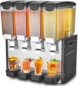 VEVOR Commercial Beverage Dispenser, 4 Tanks 10 L / 10.6 QT Per Tank Juice Dispenser, 430W Stainless Steel Ice Tea Drink Machine with 45°F-54°F Cooling Temperature, for Cold Drink Restaurant Bar Party