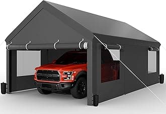 JAMFLY Carport, 12x20 ft Heavy Duty Carport with Roll-up Windows, Portable Garage with Removable Sidewalls & Doors, Car Canopy with Sandbags and All-Season Tarp for Car Boat Truck Motorcycle, Grey