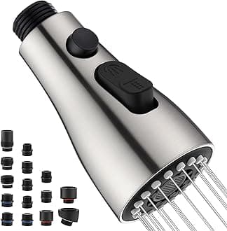 Kitchen Faucet Head Replacement with 15 Adapters - 3 Functions Pull Down Spray Head for Kitchen Faucet, Pull Out Faucet Sprayer Head Nozzle, Kitchen Sink Faucet Sprayer Head Parts, Brushed Nickel