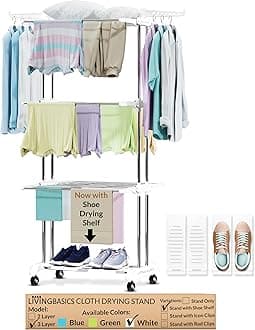 LIVINGBASICS 4 Shoe Drying Shelves With 3 Layer Clothes Stand Drying/Cloth Drying Stand/Stainless Steel Dryer Rack (Snow White, 64 X 174 Cm, 64 X 174 Cm)