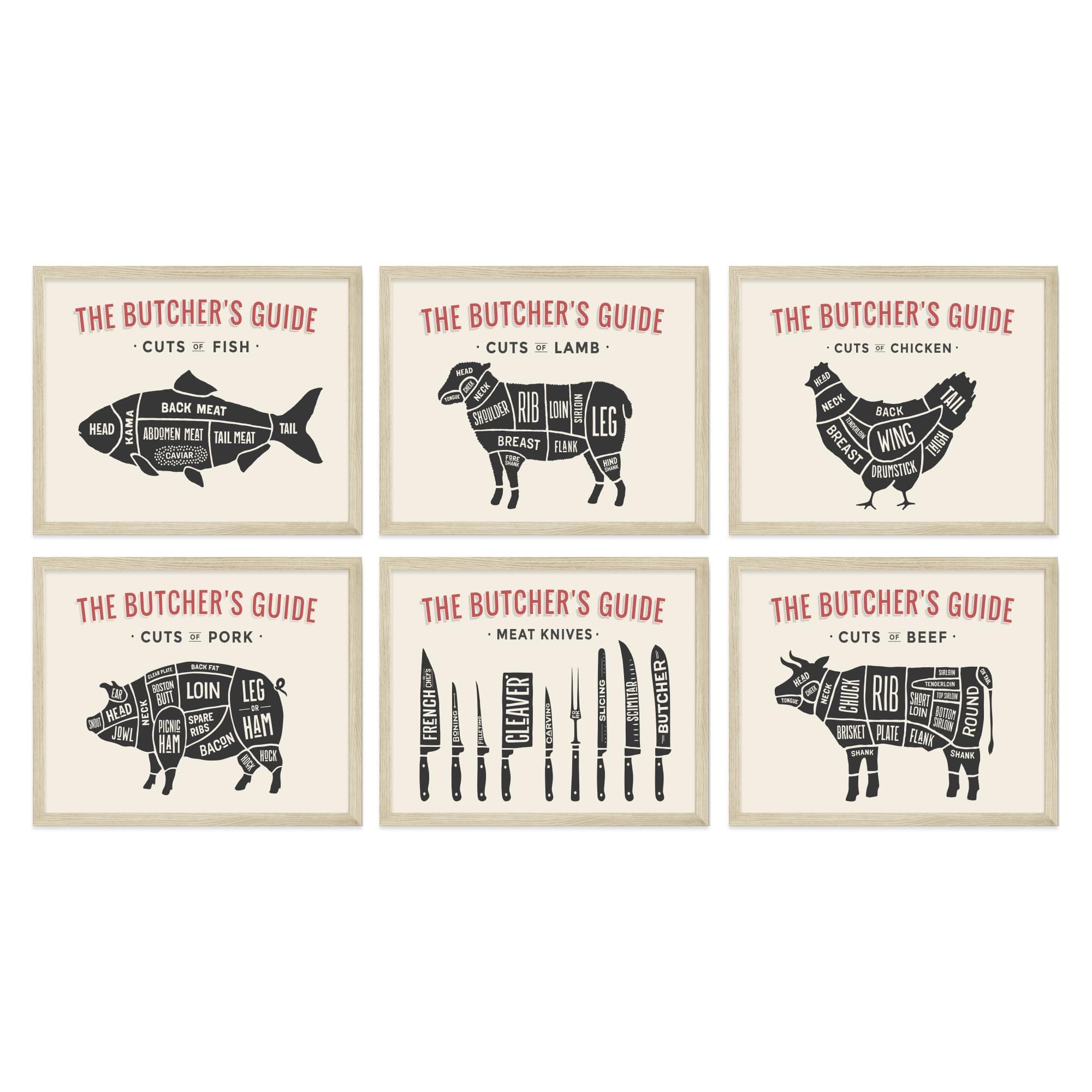 TMO2 Butcher Guide - Beef Cuts Cow Poster Set, Culinary Classroom Decor, Meat Chart - Unframed Set of 6 (8x10")