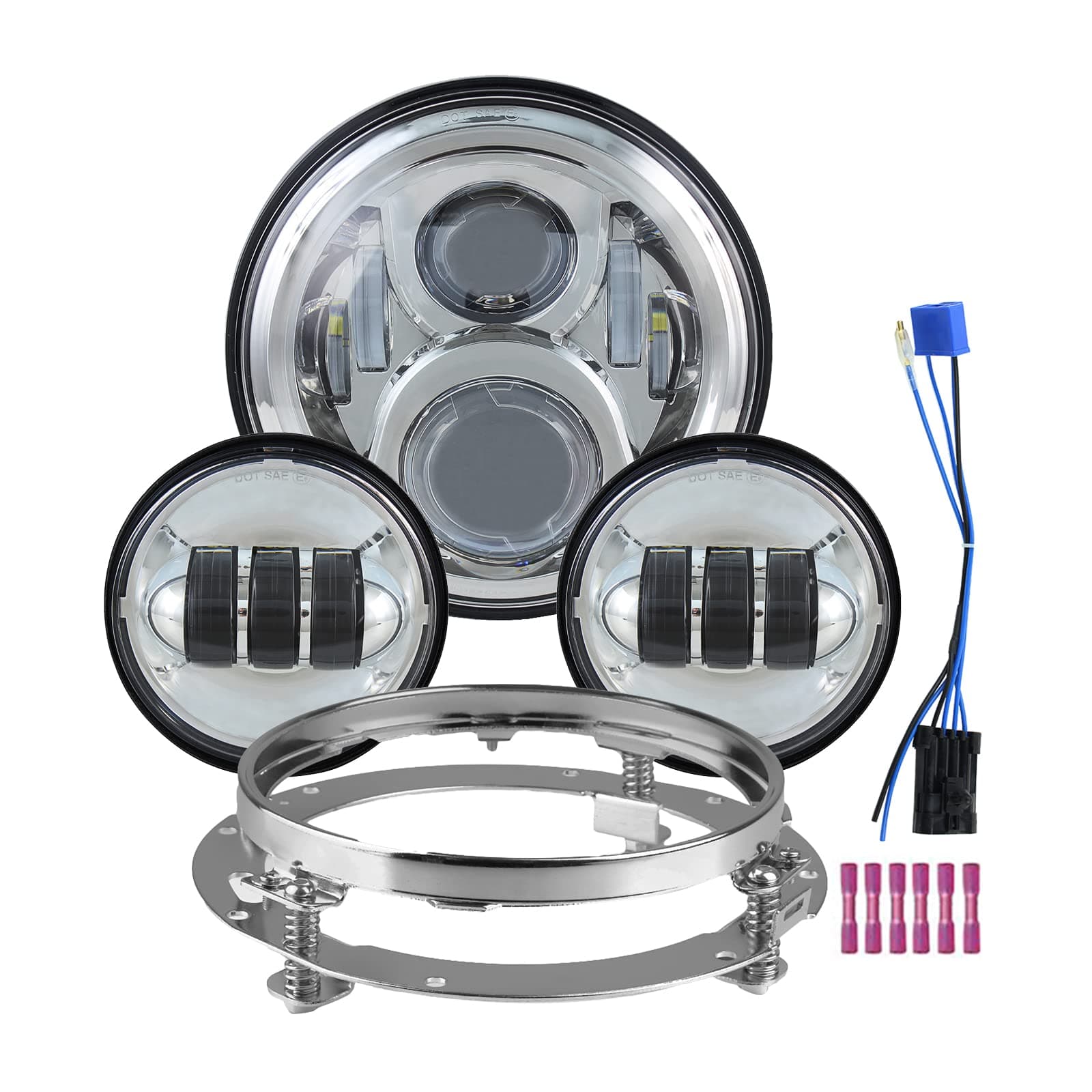 Atubeix 7" Round LED Headlight Bulb Kit + 2pcs 4.5" Fog Passing Lights and Mounting Ring Kit for Touring Road King Street Glide Fat Boy (Chrome)