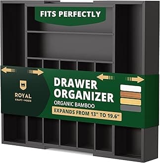 ROYAL CRAFT WOOD Luxury Bamboo Kitchen Drawer Organizer - Silverware Organizer - Utensil Holder and Cutlery Tray with Grooved Drawer Dividers for Flatware and Kitchen Utensils (Black)