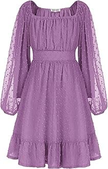 GRACE KARIN Girls Ruffle Tiered Dress Long Sleeve Swiss Dot Flowy A-Line Dress 6-14Y