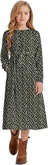 LaBeca Girls Casual Elastic Crew Neck Floral Printed Solid Color A-line Swing High Waist Midi Belted Dress with Pocket