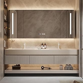 Double Sink Bathroom Vanity - Solid Wood Bathroom Vanity with Smart Defog Mirror Cabinet ? Light, Floating Double Sink Cabinet with Abundant Storage Space (52IN)