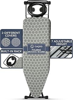 CUQOO Folding Ironing Board – 122x38cm, Adjustable Height (74-91cm), Durable with Safety Lock & Anti-Skid Feet, Includes Silicone Iron Rest & 2 Stylish Covers