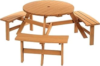 Outsunny Wooden Garden Dining Set, 6 Seater Round Dining Picnic Table with Matching Bench, Garden Furniture Set with Parasol Hole for Outdoor Patio Party and Family Gatherings, Brownish Red