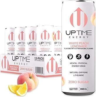 UPTIME – White Peach Lemonade – Zero Sugar (12 Pack), Premium Energy Drink, 12oz Bottles, Natural Caffeine, Sparkling, Natural Flavors, 5 Calories