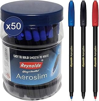 Reynolds Ball Pen I Lightweight Ball Pen With Comfortable Grip for Extra Smooth Writing I School and Office Stationery | AEROSLIM BP 50 CT JAR - 40 BLUE, 7 BLACK & 3 RED PENS