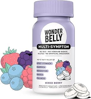 Wonderbelly Multi-Symptom Medicine, Anti-Diarrhea & Upset Stomach Relief with Bismuth Subsalicylate, Mixed Berry, 48 Chewable Tablets