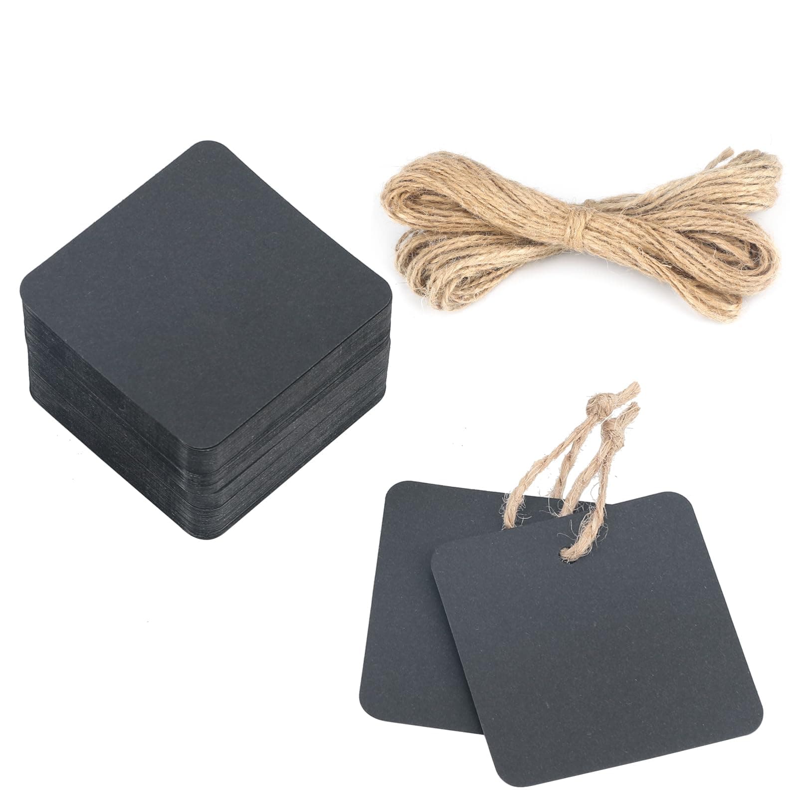 jijAcraft 100 PCS Kraft Paper Gift Tags with String, 2.2x2.2 inch Black Square Tags for Arts and Crafts, Wedding, Birthday, Pricing