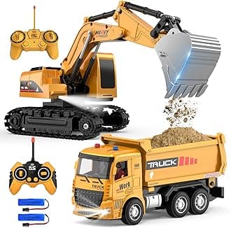 MQDMINI Remote Control Excavator and Dump Truck Toy Set - RC Construction Vehicles Toy with Barricades, Road Signs, Simulated Rocks, Lights and Sounds, Present for Toddlers 3-12 Year Boys Girls