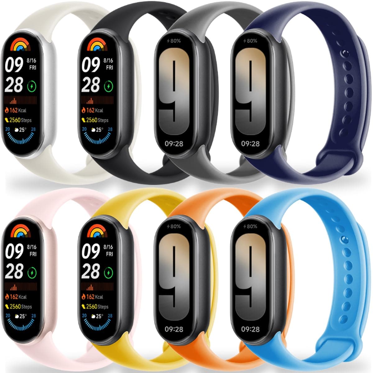 BABEJIA 2-8 Pack Replacement Bands for Xiaomi Mi Band 10/9/8, Soft Sporty Straps, Adjustable Breathable Bands, Quick Release
