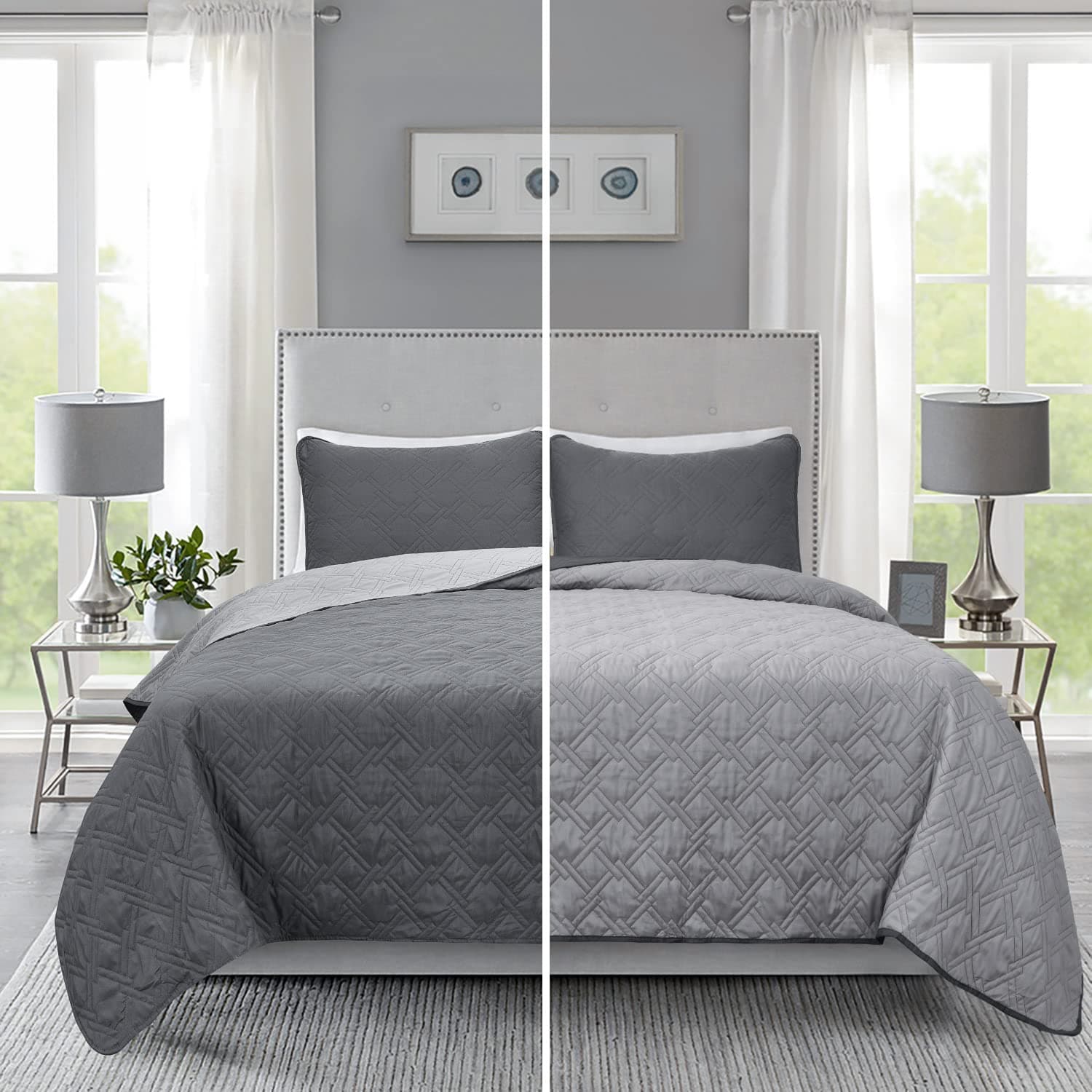HIG 3 Piece Reversible Oversize Bedspread Set King, Dark Gray Minimal Style Stitch Quilted Coverlet Set with Classic Geometric Diamond Pattern, Neutral Solid Quilt Set for Bedroom, Microfiber (KARMEN)