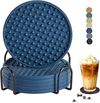 Coga Silicone Coasters Set of 6 with Holder, Square, Blue, Dishwasher Safe, Non-Slip, Heat Resistant