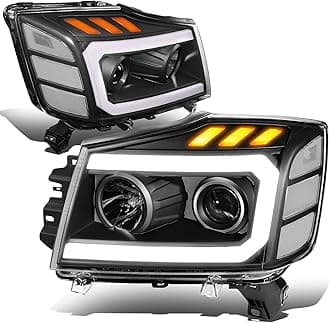 HL-HPL-NARN04-BK-CL1 Clear Lens Reflector Headlights Compatible with 04-15 Nissan Titan 05-07 Armada 3D LED Running Light Bar Amber Turn Signal