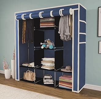 GTC Collapsible Wardrobe Portable Foldable Closet for Clothes Almira, 2 Hanging Space, 8 Shelves Non-Woven Fabric 90 GSM (88230) (Blue)