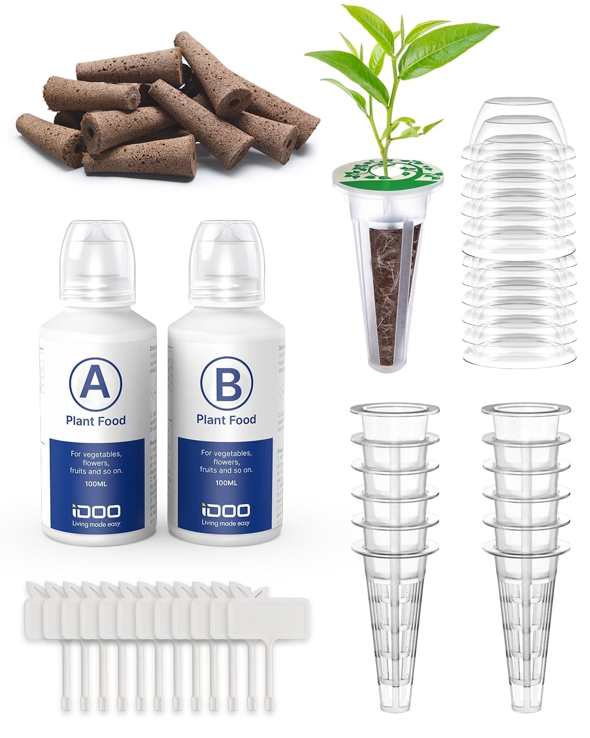 iDOO Seed Pods kit for Hydroponics System, with 12 Growth Sponges, 12 Grow Baskets, 12 Pod Labels, 12 Grow Domes, 2 Plant Food, Compatible with All Brands of Hydroponics Supplies